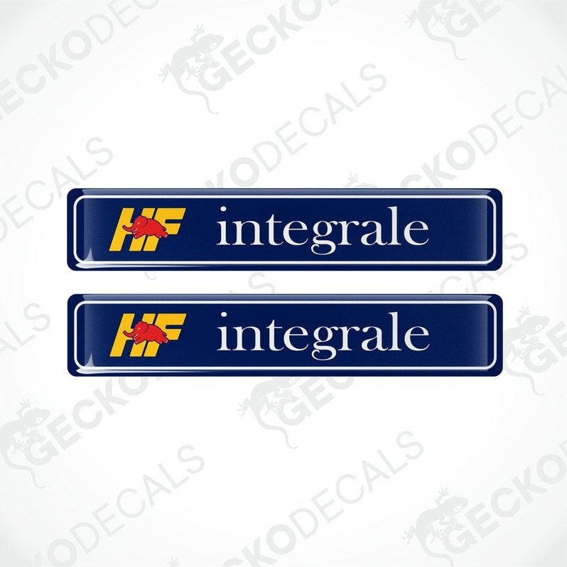 Two blue vinyl decals with 'HF integrale' text and a yellow and red logo.