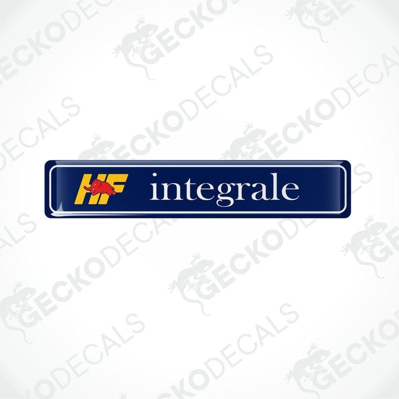 Blue vinyl decals with 'HF integrale' text and a yellow and red logo.