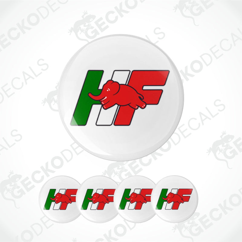 Set of HF logo stickers with red elephant and green flag design on a white background.