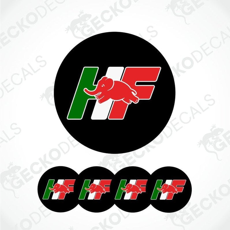 Logo with red elephant, green and red letters on a black circle.