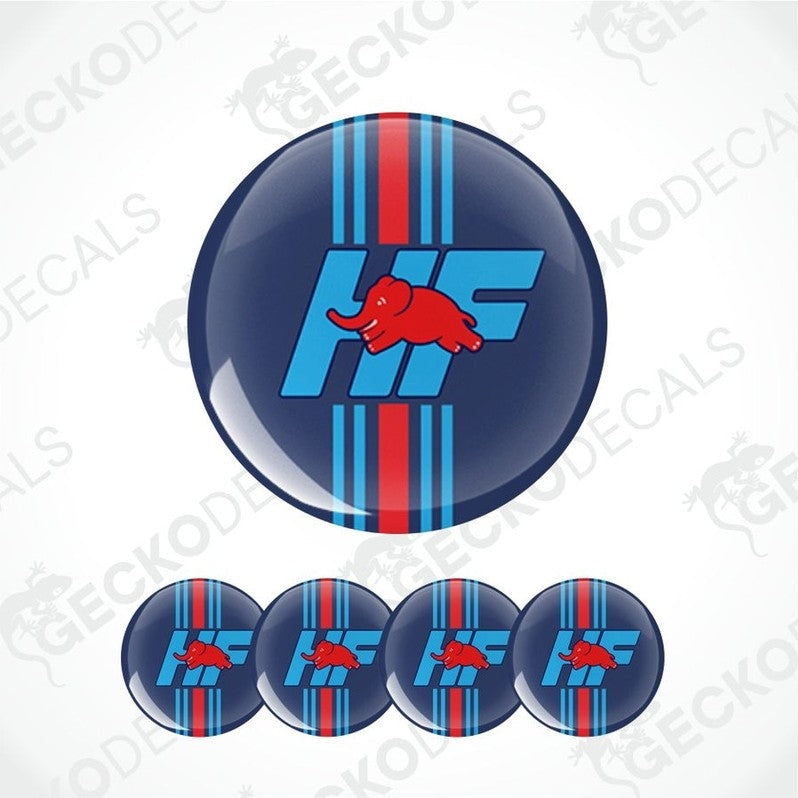 Set of five round decals with a red elephant logo and blue stripes on a white background.