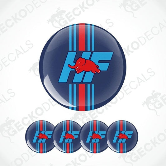 Set of five round decals with a red elephant logo and blue stripes on a white background.