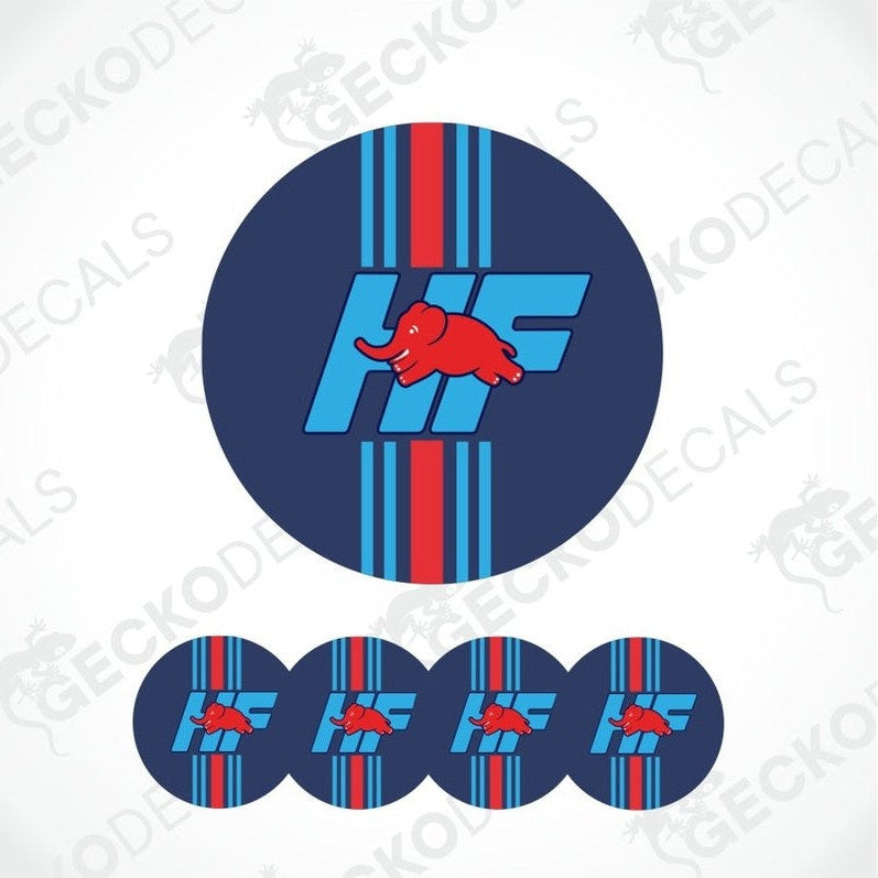 Set of blue circular decals with red and blue stripes and a logo on a white background.