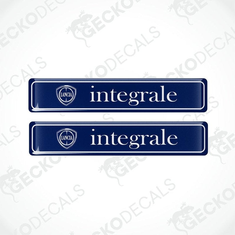 Two blue vinyl stickers with the word 'INTEGRALE' and a logo, placed against a white background with the text 'GECKODECALS'.