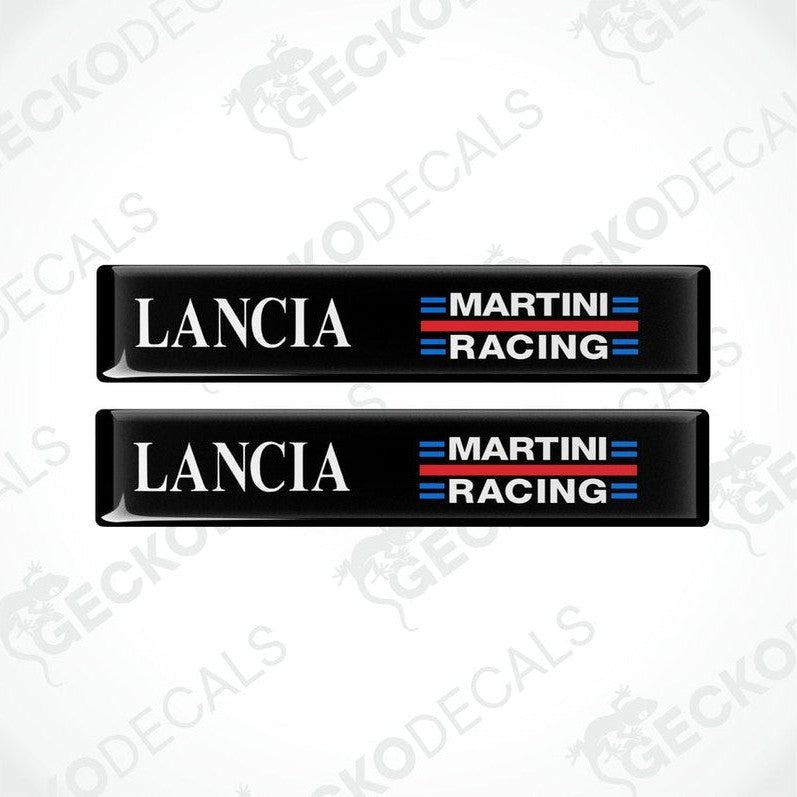 Two black vinyl decals with 'LANCIA MARTINI RACING' text in white and red