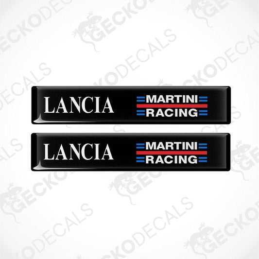 Two black vinyl decals with 'LANCIA MARTINI RACING' text in white and red