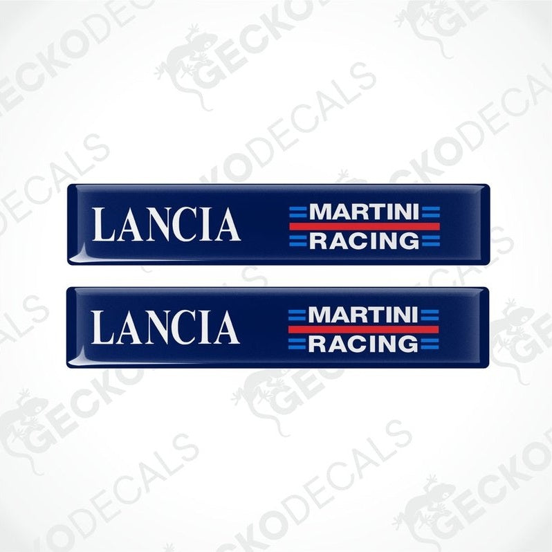Two blue vinyl decals with 'LANCIA MARTINI RACING' text in white and red