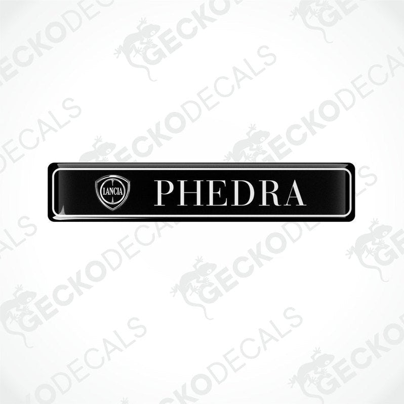  Black vinyl stickers with the word 'LANCIA' and 'PHEDRA' branded on them, placed against a white background with the GeckoDecals logo.