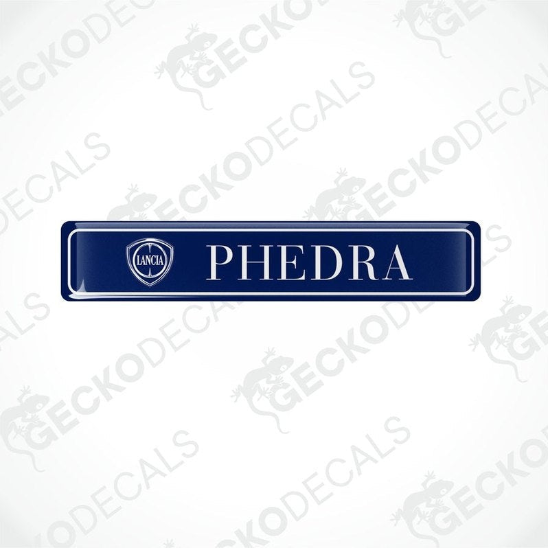 Blue vinyl stickers with the word 'LANCIA' and 'PHEDRA' branded on them, placed against a white background with the GeckoDecals logo.