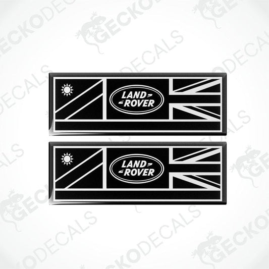 Two black vinyl stickers with the Land Rover logo and a design resembling a British flag.