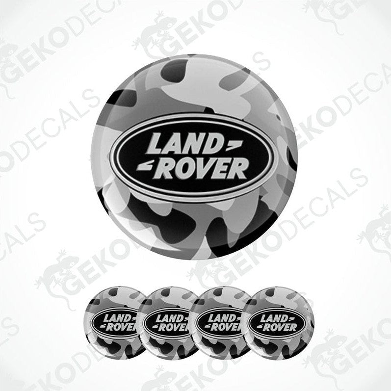 A set of four vinyl decals with a polyurethane coating designed for a car, featuring a camouflage pattern and the 'LAND ROVER' brand logo.
