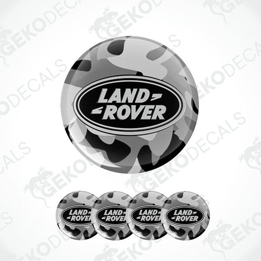 A set of four vinyl decals with a polyurethane coating designed for a car, featuring a camouflage pattern and the 'LAND ROVER' brand logo.