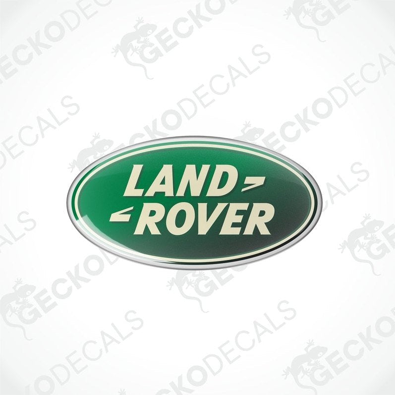 Green, silver, and white oval-shaped vinyl decals with the text 'LAND ROVER' on them.