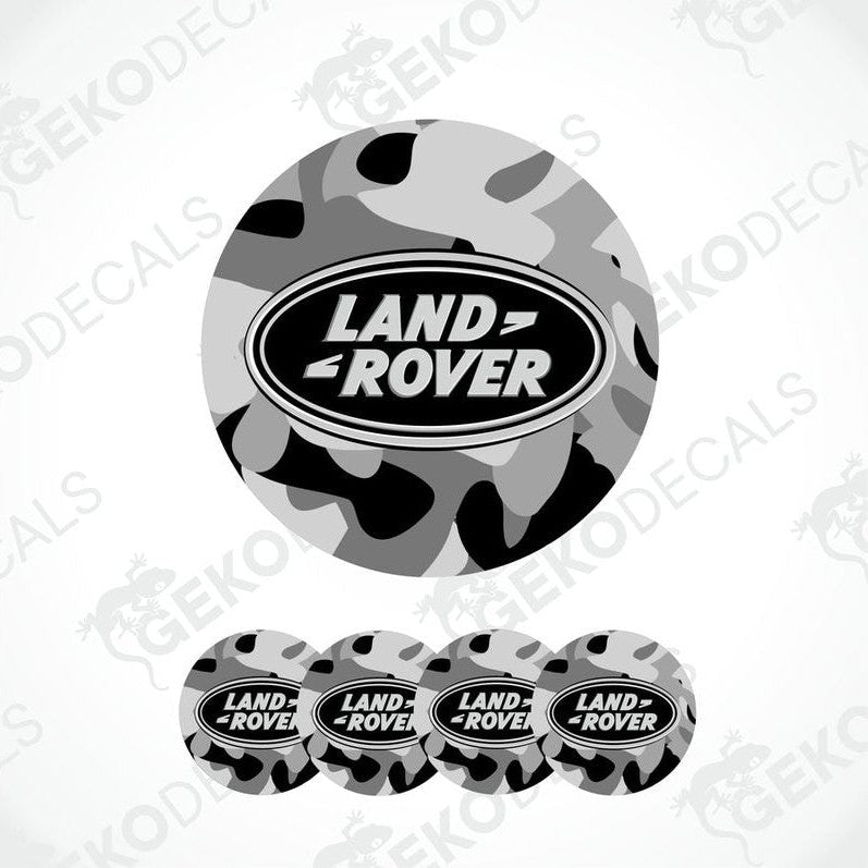 A set of four vinyl decals with a polyurethane coating designed for a car, featuring a camouflage pattern and the 'LAND ROVER' brand logo.
