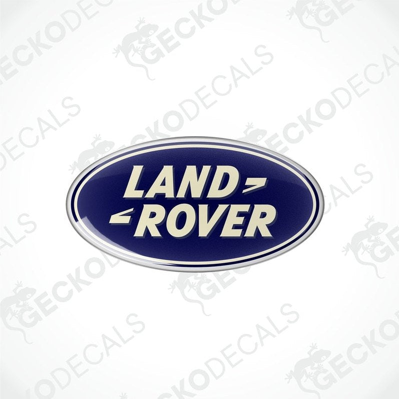 Blue, silver, and white oval-shaped vinyl decals with the text 'LAND ROVER' on them.