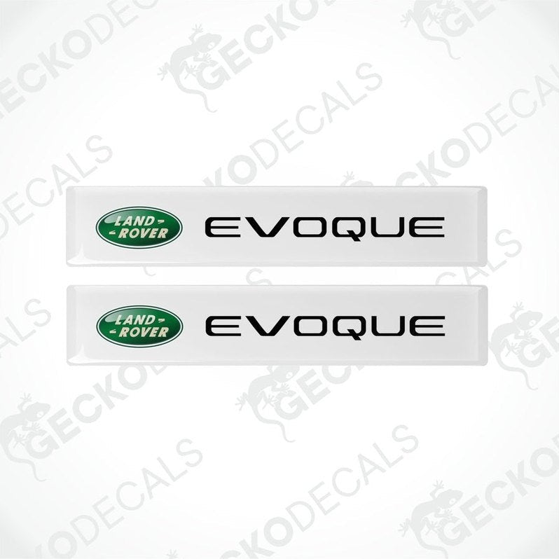Two white vinyl stickers with the Land Rover Evoque branding, placed against a white background.