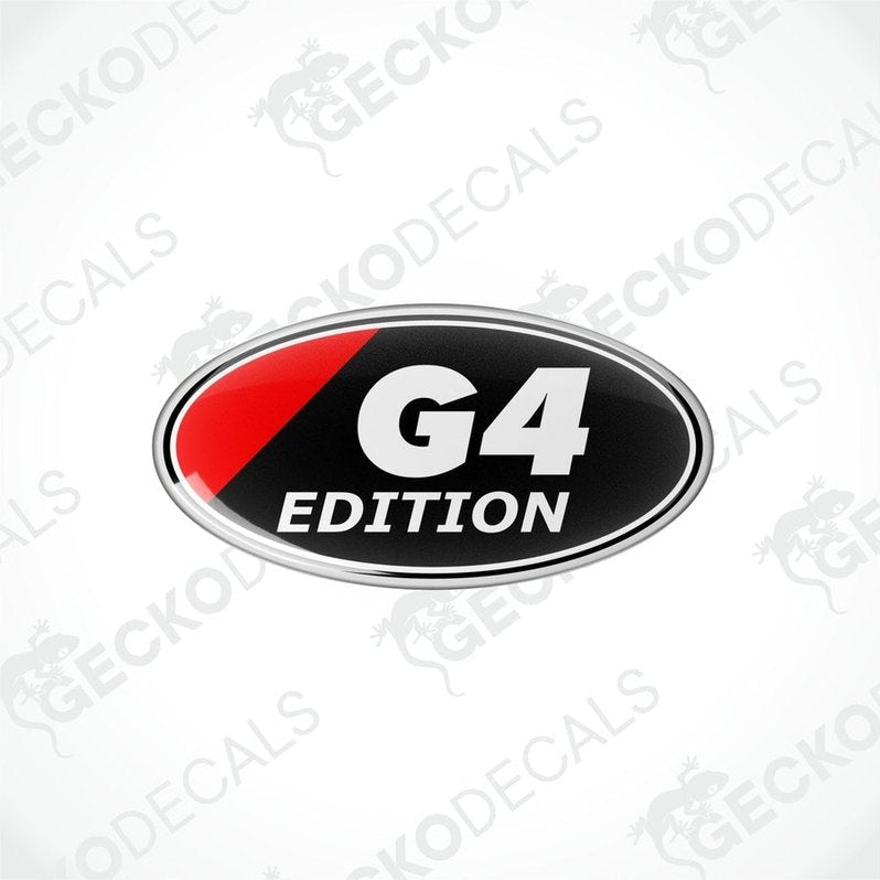 Oval-shaped vinyl decals with 'G4 EDITION' text, predominantly red with black and white accents, on a white background.