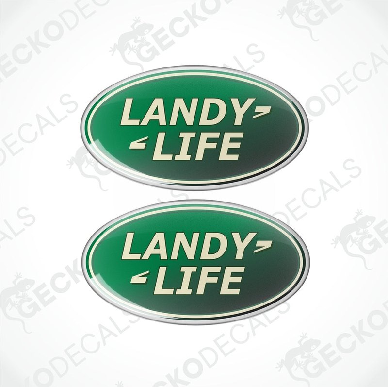 Two green vinyl stickers with the text 'LANDY LIFE' on a white background, with a GeckoDecals logo at the bottom.