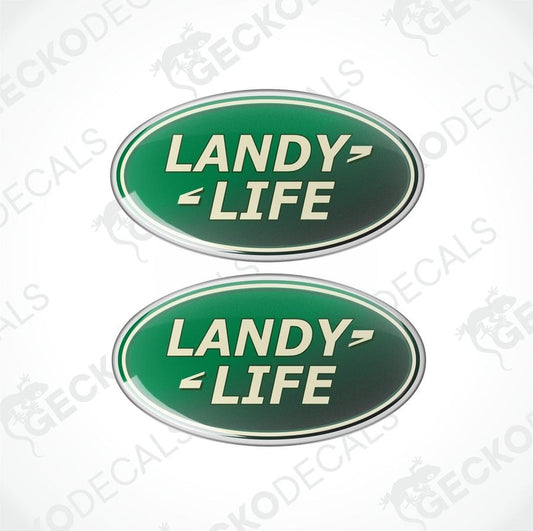Two green vinyl stickers with the text 'LANDY LIFE' on a white background, with a GeckoDecals logo at the bottom.