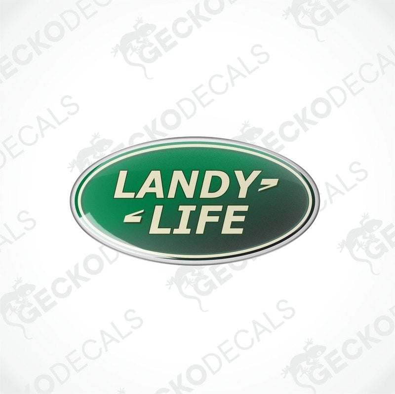 Green vinyl stickers with the text 'LANDY LIFE' on a white background, with a GeckoDecals logo at the bottom.