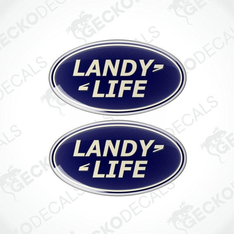 Two blue vinyl stickers with the text 'LANDY LIFE' on a white background, with a GeckoDecals logo at the bottom.