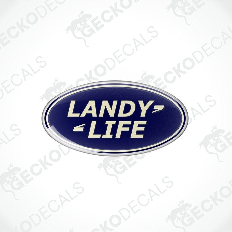 Blue vinyl stickers with the text 'LANDY LIFE' on a white background, with a GeckoDecals logo at the bottom.