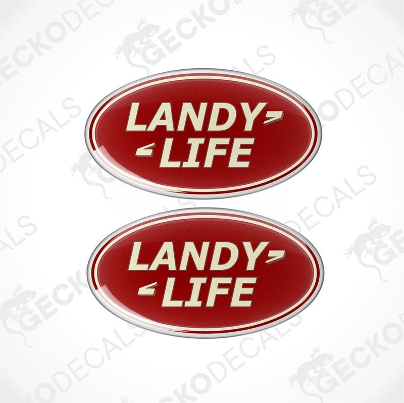 Two red vinyl stickers with the text 'LANDY LIFE' on a white background, with a GeckoDecals logo at the bottom.