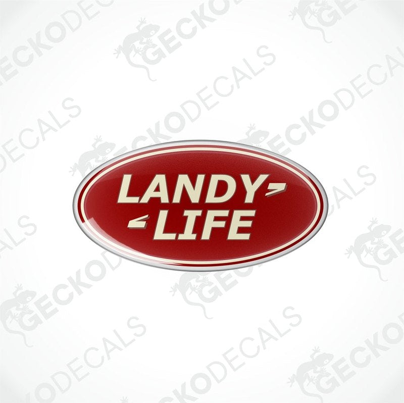Red vinyl stickers with the text 'LANDY LIFE' on a white background, with a GeckoDecals logo at the bottom.