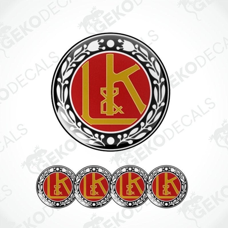 A set of four circular vinyl decals with a polyurethane coating featuring a red and gold color scheme with a laurel wreath and the initials 'L K' in the center.