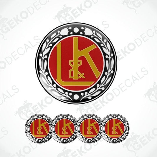 A set of four circular vinyl decals with a polyurethane coating featuring a red and gold color scheme with a laurel wreath and the initials 'L K' in the center.