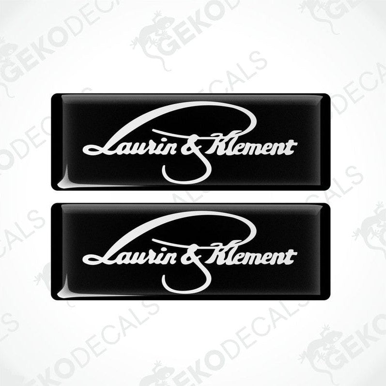 Two rectangular black vehicle decals with white text reading 'Laurin & Klement'.