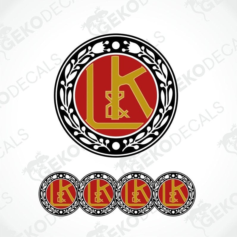 A set of circular epoxy vinyl decals featuring a red and gold color scheme with a laurel wreath and the initials 'L K' in the center.