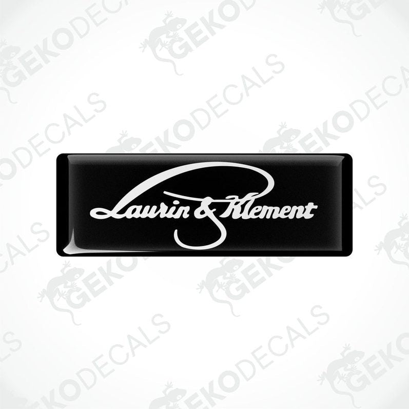 Two rectangular black vehicle decals with white text reading 'Laurin & Klement'.
