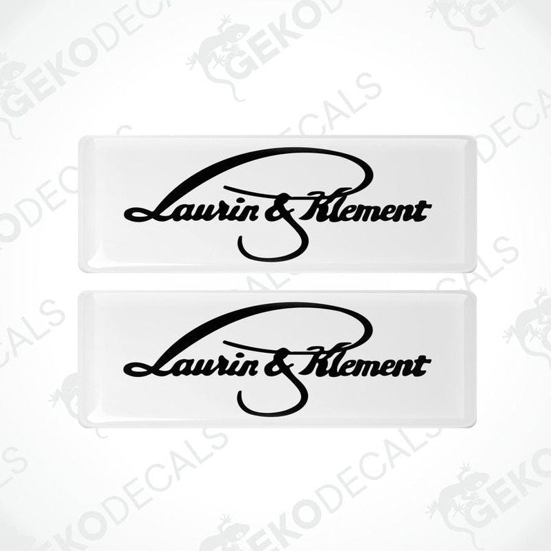 White domed vinyl car decal set with black Laurin & Klement script logo