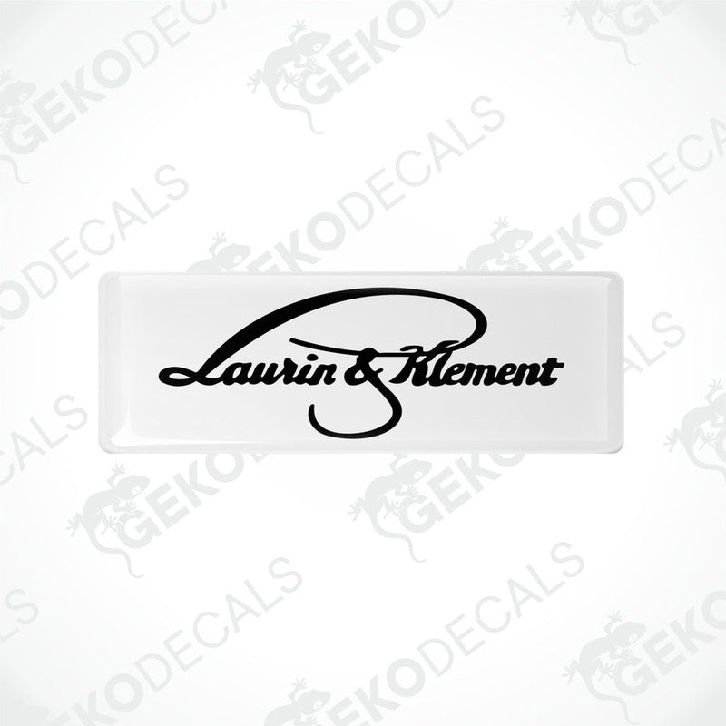 Single white epoxy resin car sticker featuring stylized Laurin & Klement lettering