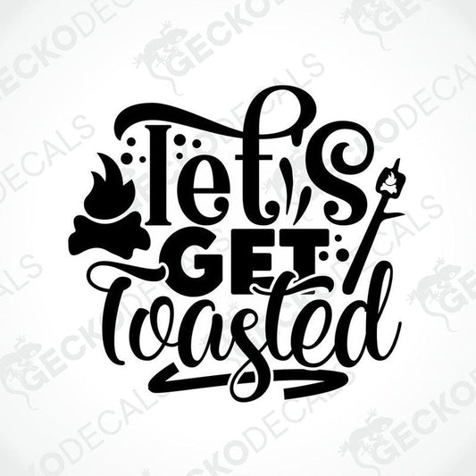 Black die-cut 'Let's Get Toasted' campfire decal with marshmallow graphic for car or laptop
