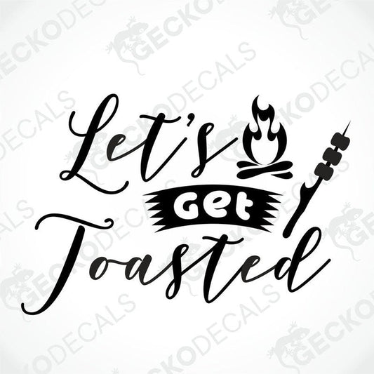 Black die-cut 'Let's Get Toasted' campfire decal with cursive text and skewer design
