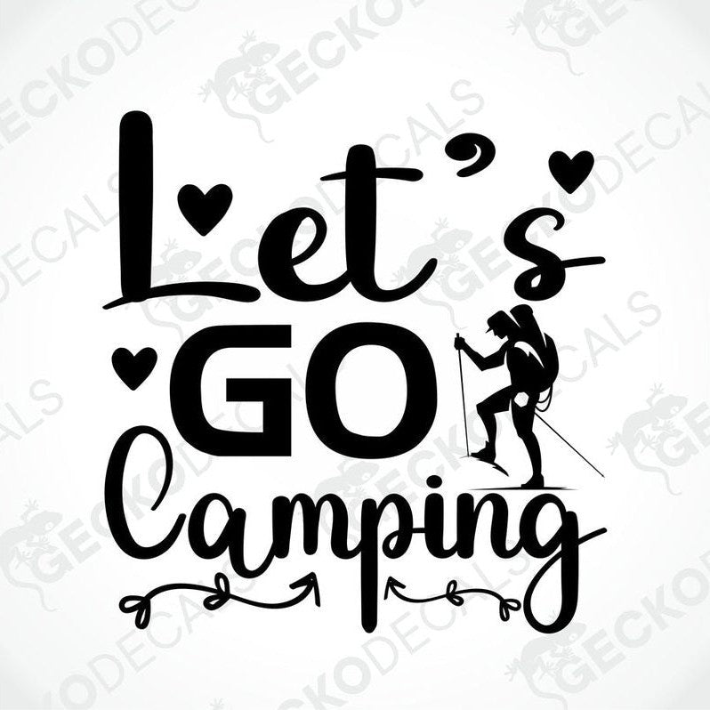 Black die-cut camping decal with hiker silhouette and vine arrows for car or laptop