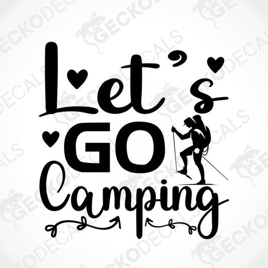 Black die-cut camping decal with hiker silhouette and vine arrows for car or laptop