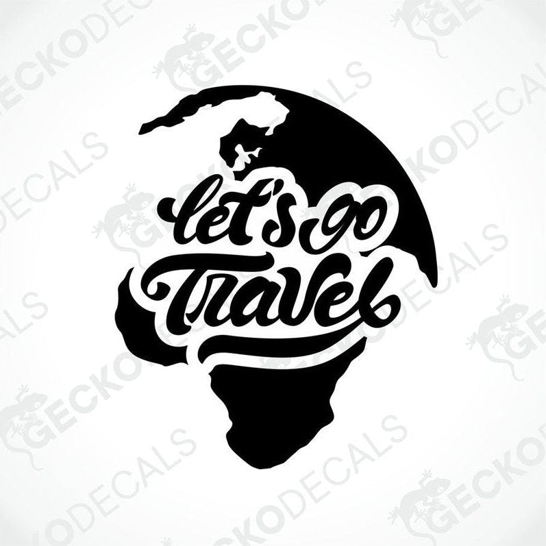 Black die-cut world map decal with 'Let's Go Travel' cursive text for car or laptop