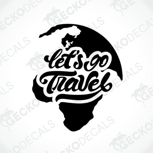 Black die-cut world map decal with 'Let's Go Travel' cursive text for car or laptop
