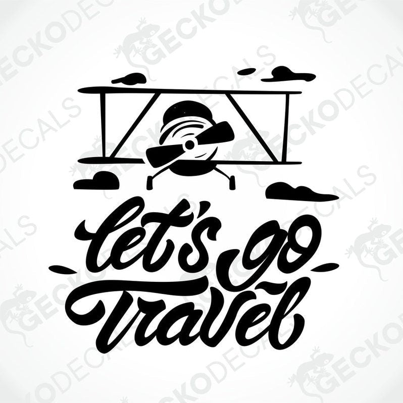 Black die-cut 'Let's Go Travel' biplane decal on transfer paper for car or laptop