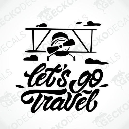 Black die-cut 'Let's Go Travel' biplane decal on transfer paper for car or laptop