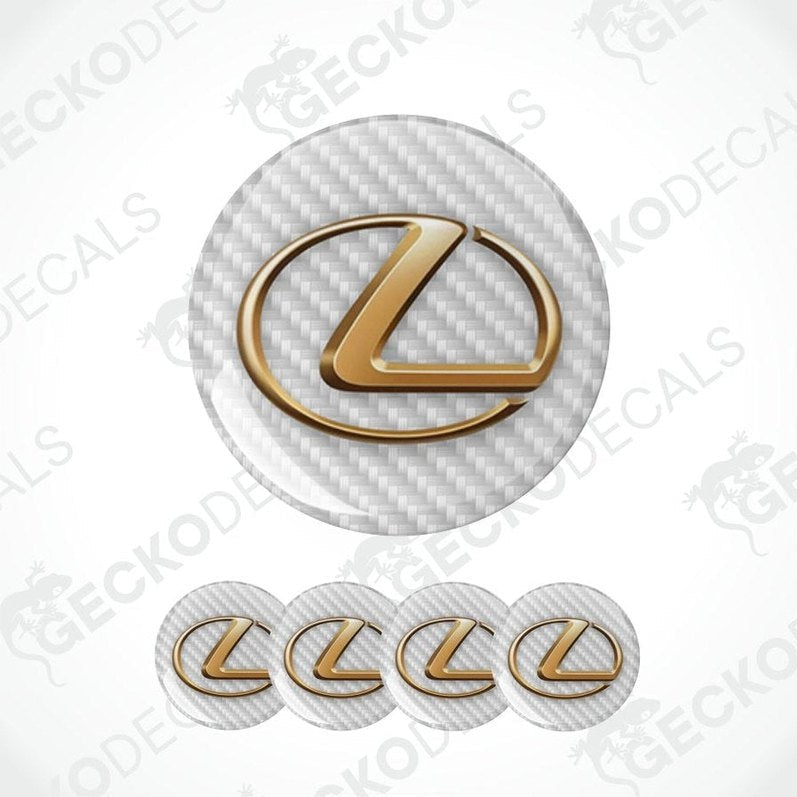 Gold Lexus logo on a white carbon fiber pattern background