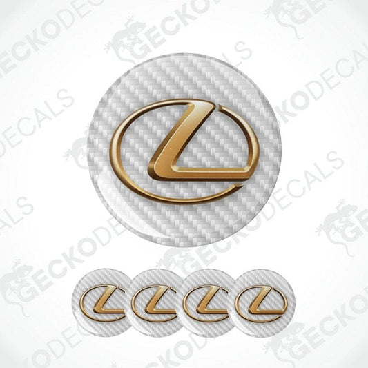 Gold Lexus logo on a white carbon fiber pattern background