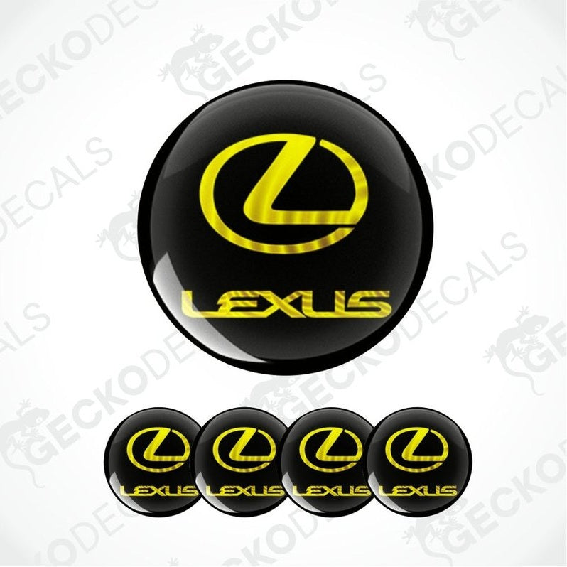 Set of Lexus logos in yellow on black circular stickers with a white background.