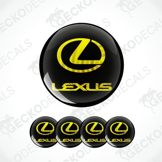 Set of Lexus logos in yellow on black circular stickers with a white background.