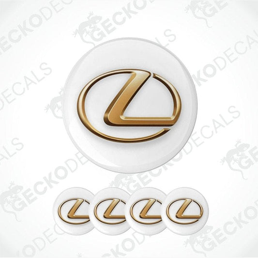 Gold Lexus logo on white circular stickers with 'Gecko Decals' branding.