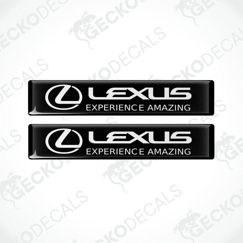 Two rectangular black vinyl decals with the Lexus logo and the phrase 'LEXUS EXPERIENCE AMAZING' written in white.