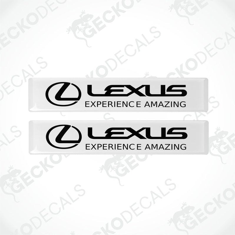 Two rectangular white vinyl decals with the Lexus logo and the phrase 'LEXUS EXPERIENCE AMAZING' written in black.